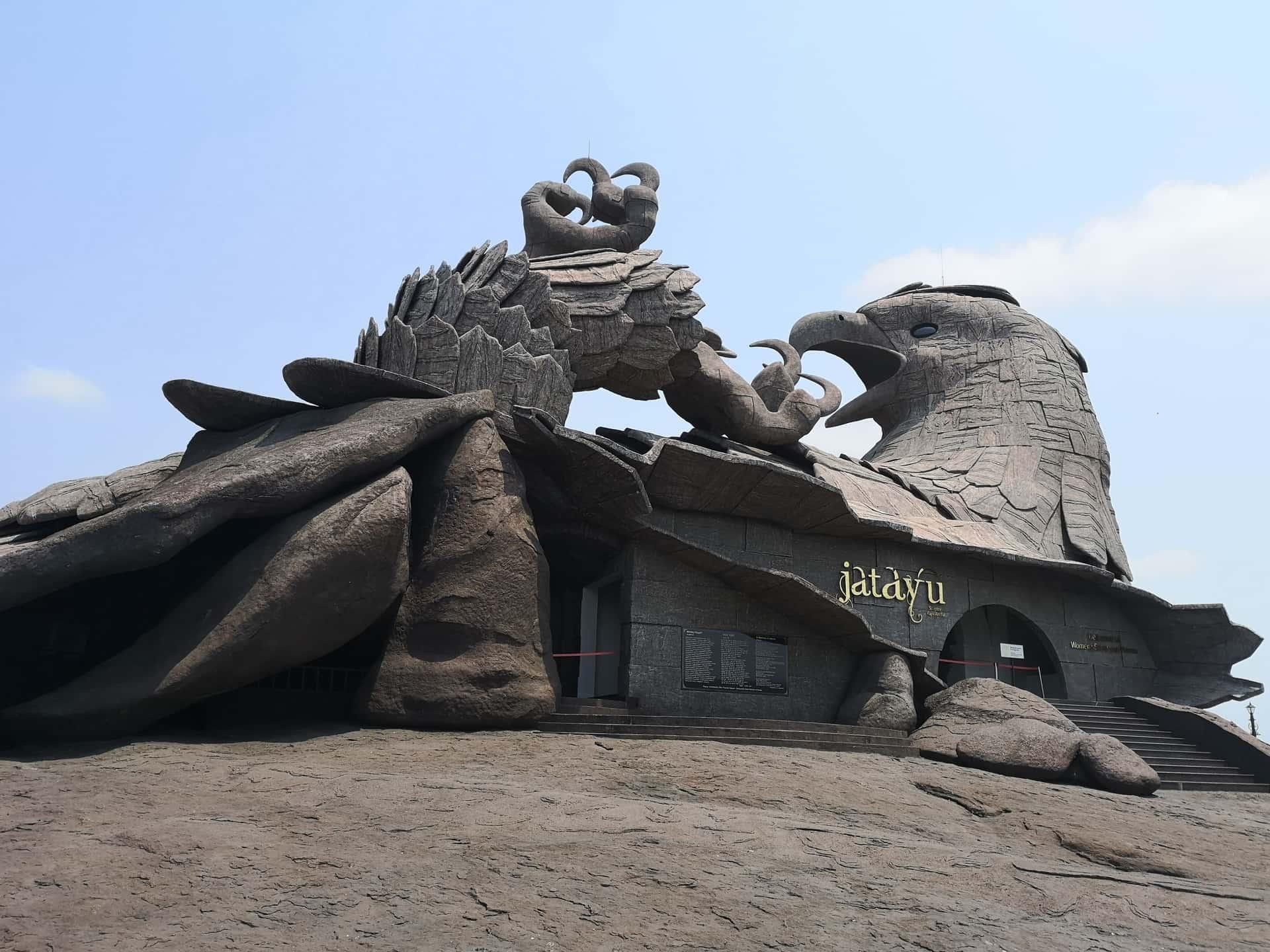 The Jatayu bird sculpture on the rock summit at Jatayu Earth's Center, Kollam district