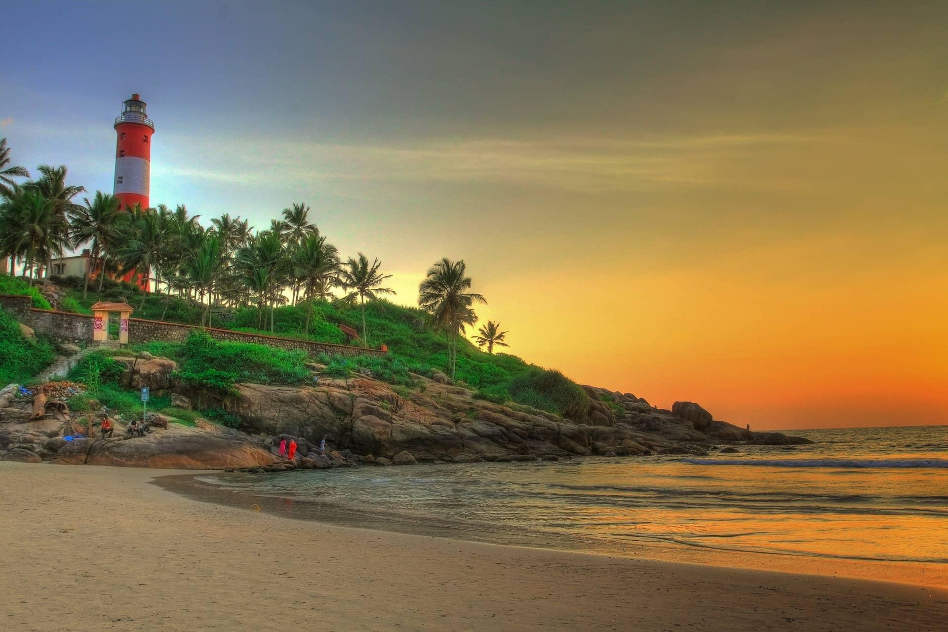 The lighthouse above Kovalam beach at sunset