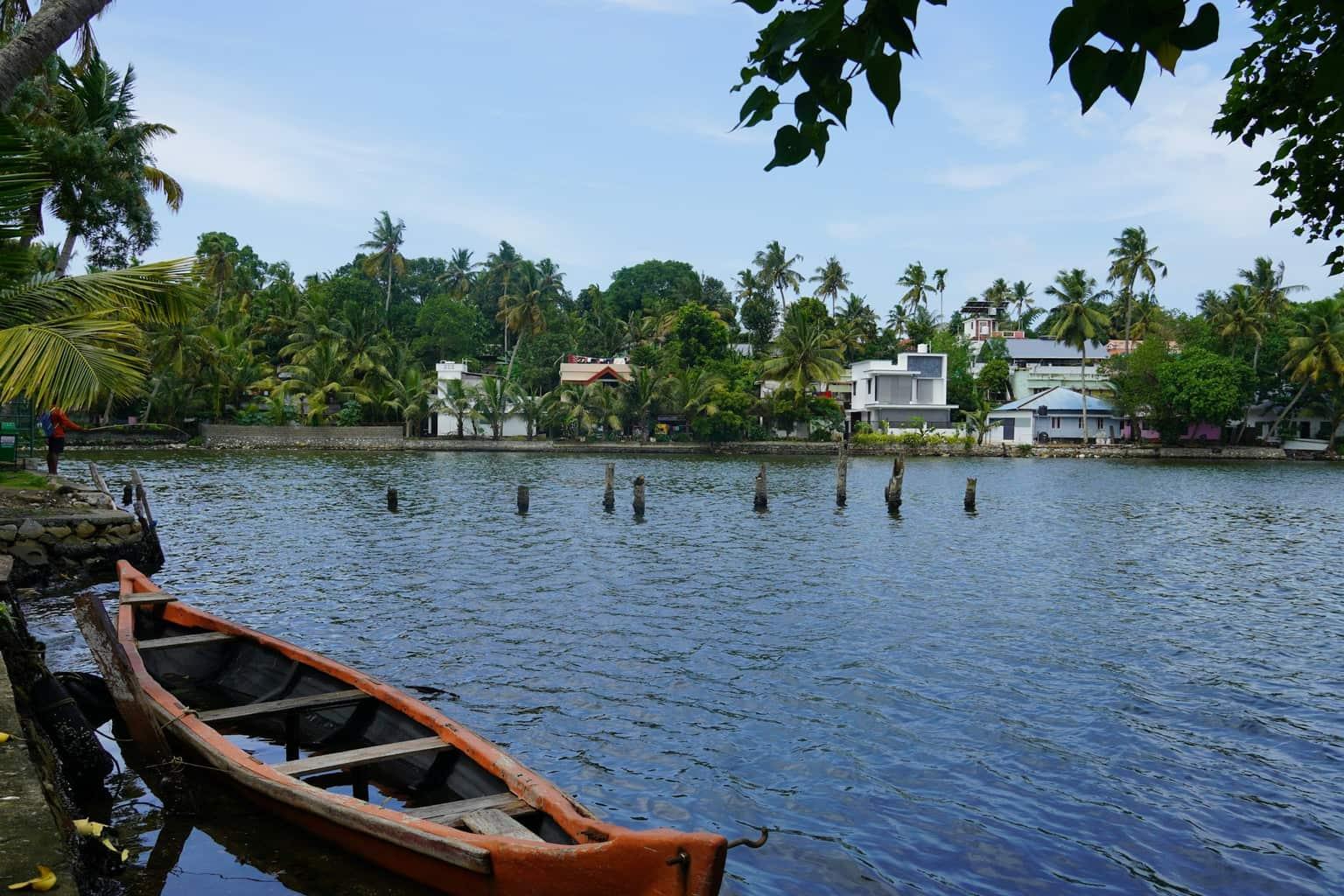 A wooden country boat moored on a Kerala backwater