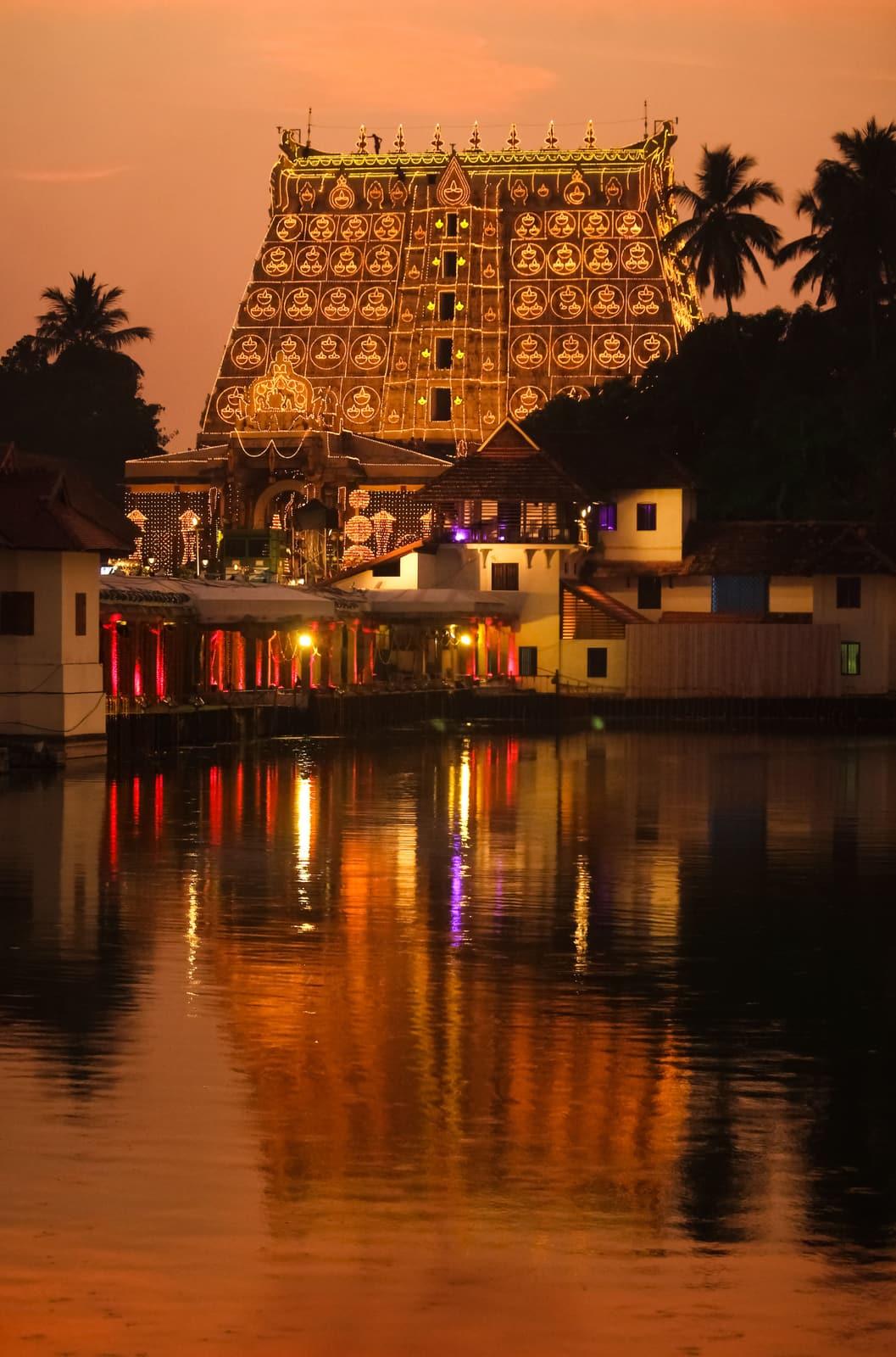 Sri Padmanabhaswamy Temple lit by lamps during the Lakshadeepam festival