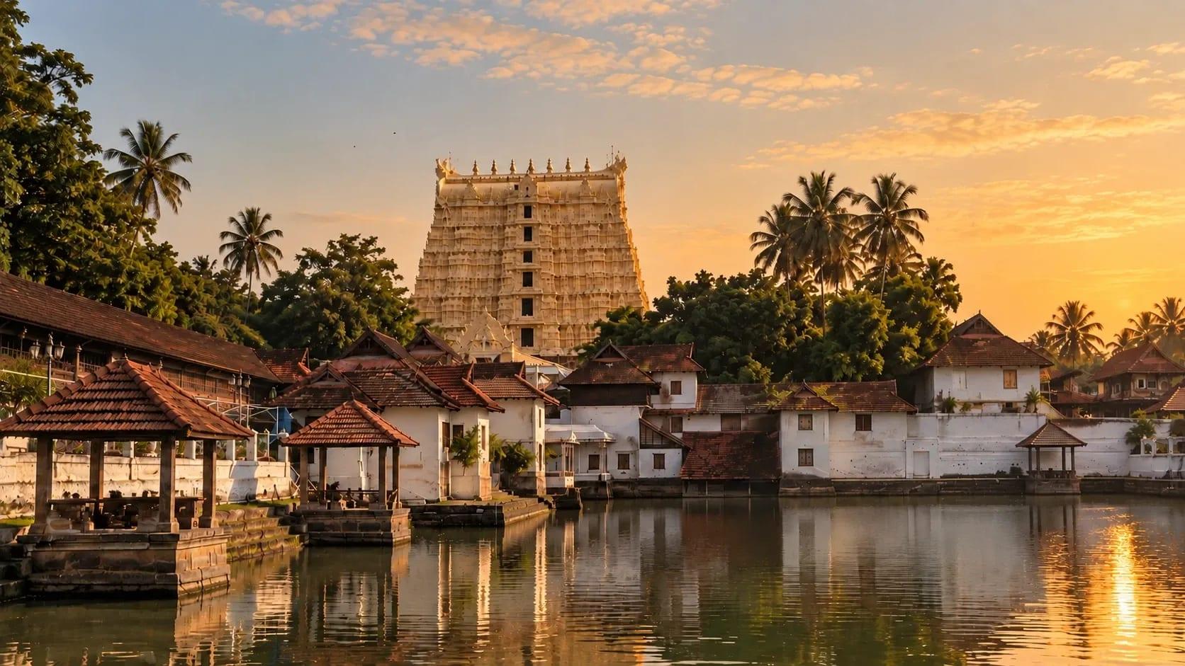 Sri Padmanabhaswamy Temple in Thiruvananthapuram at sunrise, with the temple tank and old houses in front