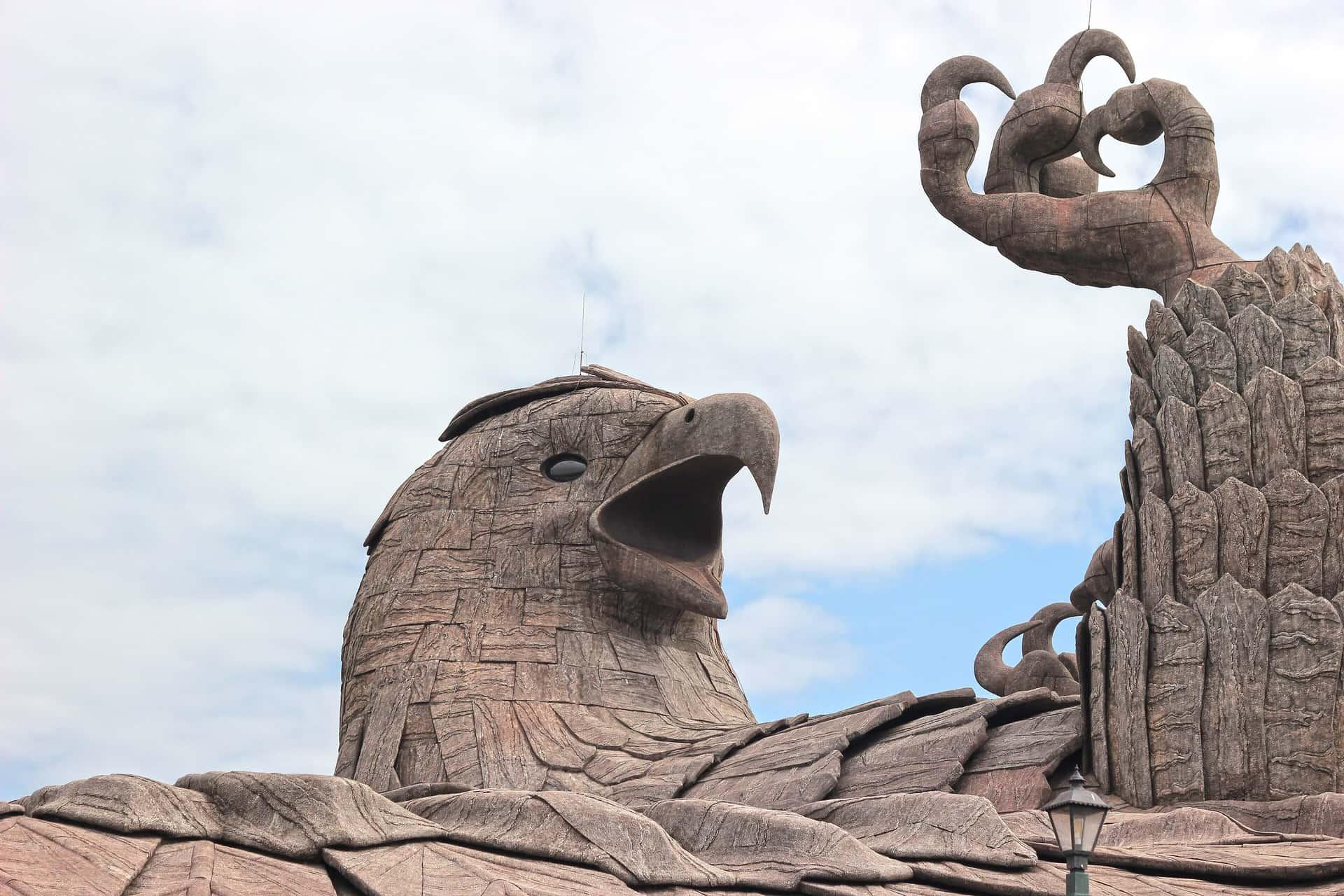 The giant stone head of the Jatayu sculpture at Jatayu Earth's Center, Chadayamangalam