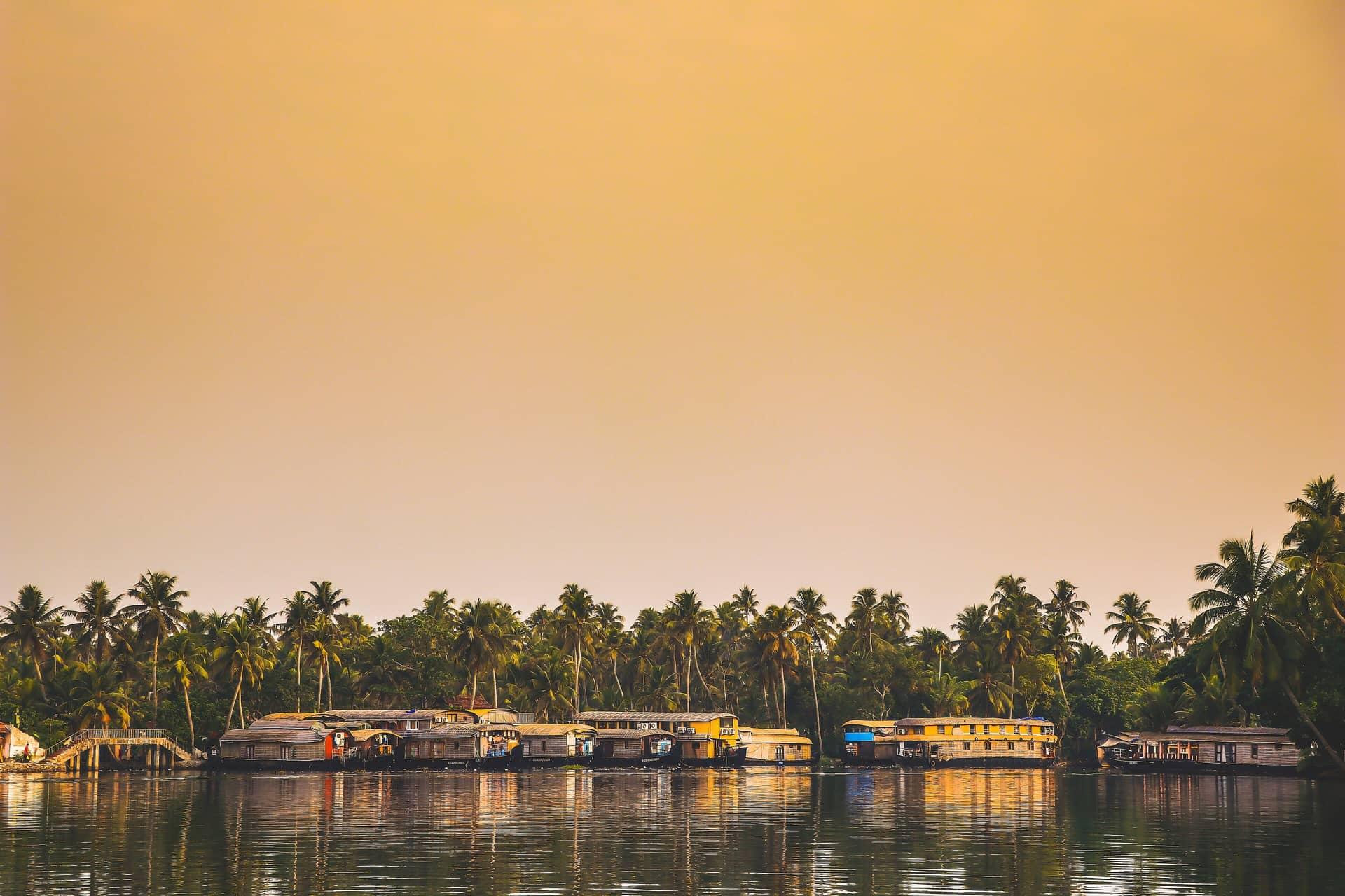Houseboats moored on the Alleppey backwaters in golden evening light