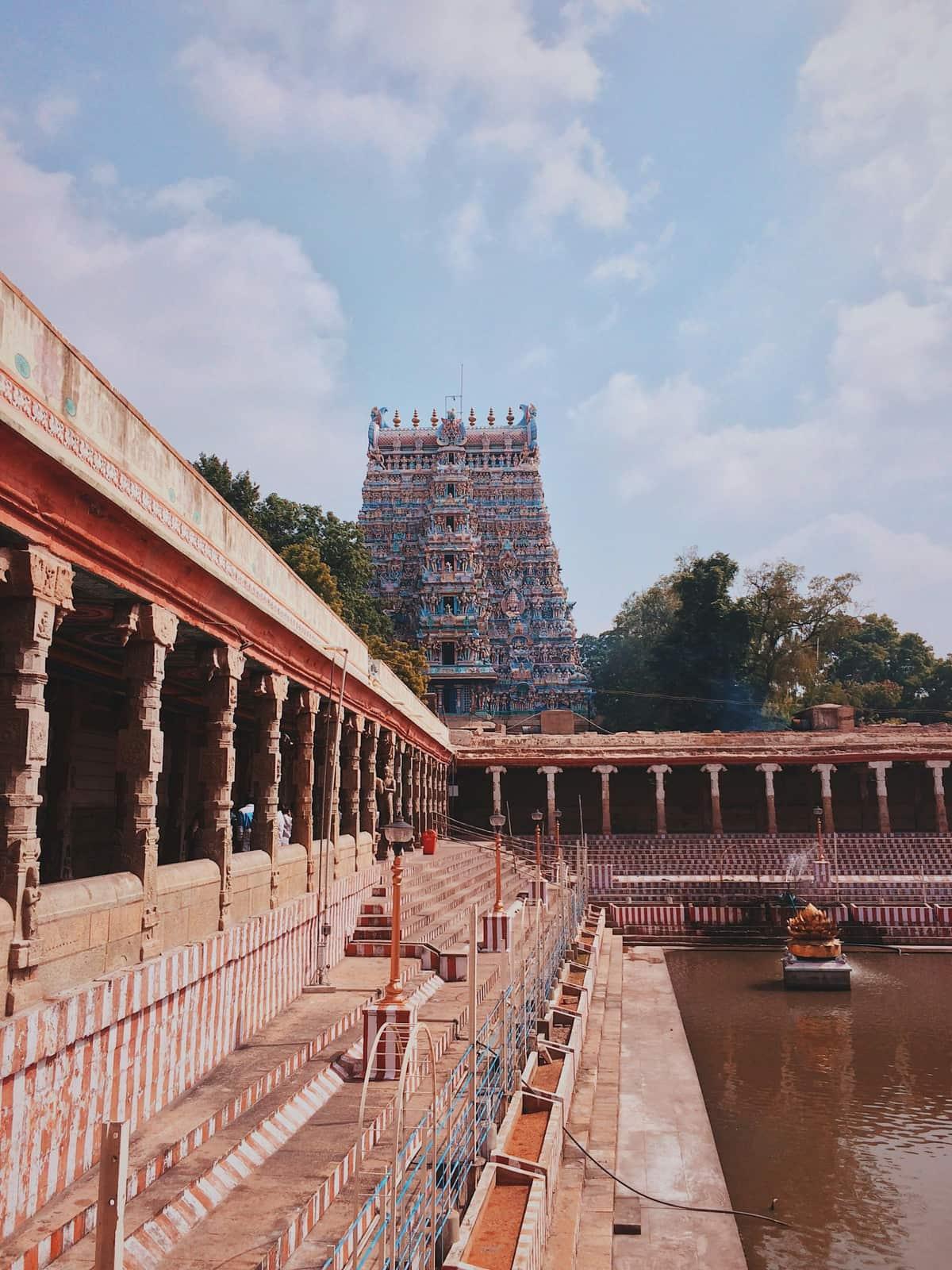 The temple tank and a gopuram of Meenakshi Amman Temple, Madurai